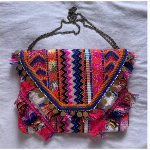⭐️ Envelope Tassel Fringe Embroidered Aztec Coin Chic Print Shoulder Bag Purse - Picture 7 of 7